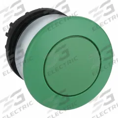 EATON Mushroom Head Push Button: Green, 22 mm Mounting Size, Non-Metallic, Maintained (MPN M22-DP-G). Key specifications — Brand: EATON; Action: Maintained; Series: M22; Push Button Material Type: Non-Metallic.