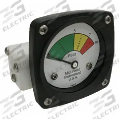 MIDWEST INSTRUMENT 3-Color Differential Pressure Indicator: 1,000 psig Max. Static Pressure, 522 (MPN 522P-010). Key specifications — Brand: MIDWEST INSTRUMENT; Accuracy: ±5% of Full Scale; Sensor Material: Buna-N; Housing Material: Acetal Plastic; Transition Points: 0 psid to 5 psid (Green) / 5 psid to 7 psid (Yellow) / 7 psid to 10 psid (Red).
