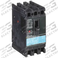 SIEMENS Molded Case Circuit Breaker: 60 A Amps, 18kA at 480V AC, Fixed, Load Side Lug, ABC, ED4 (MPN ED43B060). Key specifications — Phase Connection: ABC; Instantaneous Trip: Fixed; Terminal Connection: Load Side Lug; Series: ED4; Max. AIR Rating: 18kA at 480V AC.