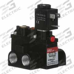 ARO Solenoid Air Control Valve: Alpha, Four-Way / Two-Position, 120V AC, 3/8 in Female NPT, 150 psi (MPN A213SS-120-A). Key specifications — attr1092969: Non-Locking; attr1086920: A213SS-120-A; attr1092977: Spring Return.