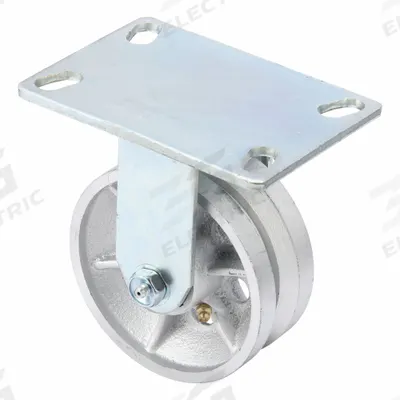 APPROVED VENDOR Plate Caster: Rigid, Iron, 5 in Wheel Dia, 2 in Wheel Wd, 6 1/2 in Mounting Ht - V-Groove Track-Wheel Plate Casters