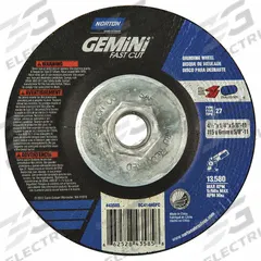 NORTON Depressed Center Grinding Wheel: Type 27, 4 1/2" x 1/4" x 5/8"-11, Aluminum Oxide, 24 Grit (MPN 66252843585). Key specifications — Series: Gemini Fast Cut; Brand: NORTON.