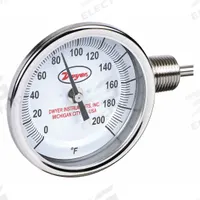 DWYER Dial Thermometer: 0°F to 200°F, ±2%Full Scale Accuracy, 4 in Stem Lg, 3 in Dial Dia (MPN BTLR340101). Key specifications — Accuracy: ±2 % Full Scale; Brand: DWYER.