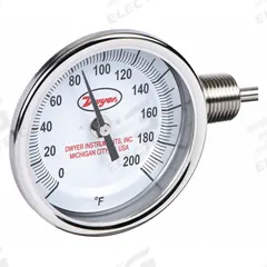 DWYER Dial Thermometer: 0°F to 200°F, ±2%Full Scale Accuracy, 4 in Stem Lg, 3 in Dial Dia (MPN BTLR340101). Key specifications — Accuracy: ±2 % Full Scale; Brand: DWYER.