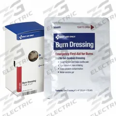FIRST AID ONLY Burn Dressing: 4 in Dressing Lg, 4 in Dressing Wd, Sterile, Fastener Not Included (MPN FAE-6201). Key specifications — Water Resistance: Not Water Resistant; Unitized: Unitized; Standards: ANSI/ISEA Z308.1-2015; Manufacturer Part Number: FAE-6201; Package Type: Box; Product Type: Burn Dressing; Sterility: Sterile; Brand: FIRST AID ONLY.
