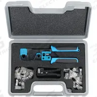 IDEAL Crimper and Connector Kit: For RJ-45, Cat5/Cat5e/Cat6, 8 in Overall Lg, Deluxe Cushion Grip (MPN 33-750). Key specifications — attr470438: Ratcheting Crimper; attr470441: Cat5e; attr542328: 50 RJ45 Modular Plugs; attr470442: RJ-45; attr424247: IDEAL.