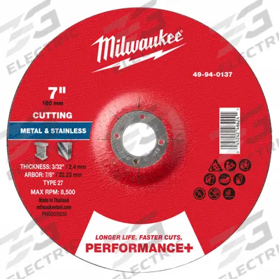 MILWAUKEE Cut-Off Wheel: Type 27, 7" x 1/16" x 7/8", Aluminum Oxide - General Purpose Cut-Off Wheels for Carbon & Stainless Steel