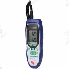 COLE-PARMER NIST-Calibrated Thermistor Thermometer: -40°F to 257°F, 1 Channels (MPN 2025093). Key specifications — Brand: COLE-PARMER; Accuracy: ±0.9⁰F (±0.5⁰C) from 32 to 158⁰F, (0 to 70⁰C); Testing Functions: Min/Max Temperature.
