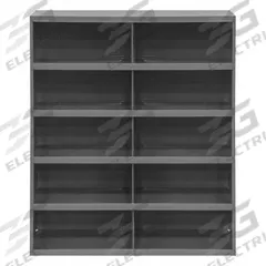 DURHAM MFG Pigeonhole Bin Unit: 34 in x 12 in x 42 in, 10 Compartments, 16 1/4 in x 12 in x 7 1/4 in (MPN 397-95). Key specifications — attr7229: Steel; attr38869: DURHAM MFG; attr38873: Gray.
