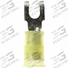3M Fork Terminals: Yellow, Nylon, #8 Stud Size, 12 AWG – 10 AWG Wire Range, Block Fork, 600 V (MPN MNG10-8FBK). Key specifications — Barrel Style: Insulation Grip; Manufacturer Part Number: MNG10-8FBK; Brand: 3M.