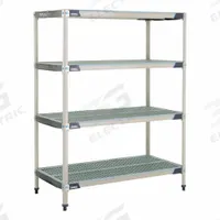 METRO Plastic Industrial Shelving: 24 in x 72 in, 62 in Overall Ht, 4 Shelves, Antimicrobial (MPN X576GX3). Key specifications — Resistance Properties: Antimicrobial; Frame Material: 304 Stainless Steel; Shelving Material: 304 Stainless Steel; Brand: METRO.