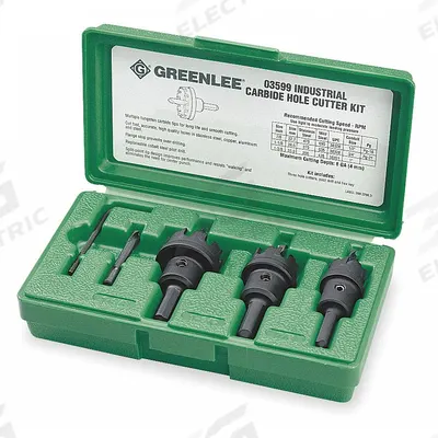 GREENLEE Hole Cutter Kit: 4 Pieces, 1/8 in Max. Cutting Dp, Carbide Tipped - Metal-Cutting Hole Cutter Kits