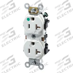 LEVITON Receptacle: Hospital Grade Fed. Spec., Duplex, 5-20R, White, 125V AC, 20 A, 2 Pole / 3 Wire (MPN 8300-HW)