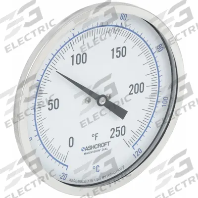ASHCROFT Dial Thermometer: 0°F to 250°F /-20°C to 120°C, ±1% Accuracy, 2.5 in Stem Lg - Back-Mount Fixed-Angle Thread-Mount Dial Thermometers
