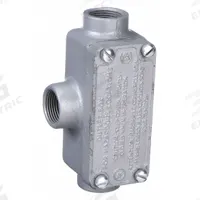 Conduit Outlet Body: Iron, Triple Coat Epoxy Coating, 1/2 in Trade Size, T Body, Threaded (MPN ERT50). Key specifications — Compatible Conduit Trade Size: 1/2 in; Thread Gender: Female; Hub Style: Threaded; Cover Included: Yes; Body Style: T; Connection Type: Threaded; Back Type: Flat; Hazardous Location: Yes.