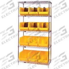 QUANTUM STORAGE SYSTEMS Bin Shelving: 36 in x 18 in x 74 in, 1 Sided, 12 Bins, Open, Yellow (MPN WR5-260YL). Key specifications — Includes Bins: Yes; Bin Material: Polypropylene; Frame Color: Silver; Bin HxWxD: (12) 10 in x 11 in x 18 in; Frame Material: Steel; Bin Color: Yellow; Bin Style: Hang and Stack; Brand: QUANTUM STORAGE SYSTEMS.
