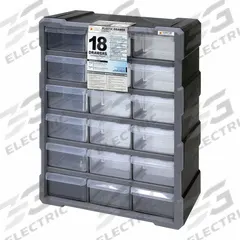 QUANTUM STORAGE SYSTEMS Drawer Bin Cabinet: 15 in x 6 1/4 in x 18 3/4 in, 18 Drawers, Stackable (MPN PDC-18BK). Key specifications — attr66719: Plastic; attr66728: No; attr66758: Heavy Duty; attr66722: Clear; attr66720: Drawer; attr66726: (18) 5-1/2 in x 4-1/4 in x 2 in; attr66716: Black; attr66753: Polypropylene.