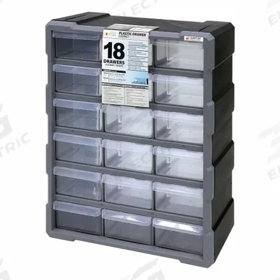 QUANTUM STORAGE SYSTEMS Drawer Bin Cabinet: 15 in x 6 1/4 in x 18 3/4 in, 18 Drawers - Plastic Small Parts Drawer Cabinets