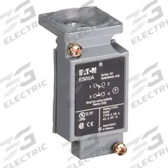 EATON Limit Switch Body: EN50041 Body, 2 Mounting Holes, 1NO/1NC, Metallic (MPN E50SA). Key specifications — Compatible with Series: E50; Brand: EATON; Indicating Light: No Indicating Light Included; Body Material Type: Metallic.