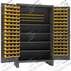 DURHAM MFG Bin Cabinet: 48 in x 24 in 78 in, 4 Shelves, 144 Bins, Yellow, Flush, 12 ga Panel, Gray (MPN HDC48-144-4S95). Key specifications — Bin Color: Yellow; Bin HxWxD: (24) 4 in x 5 in x 3 in; Assembled: Assembled; Cabinet Style: Shelf and Bin; Brand: DURHAM MFG; Cabinet Color: Gray; Cabinet Finish: Powder Coated; Cabinet Material: Steel.