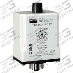 DAYTON Single Function Time Delay Relay: Socket Mounted, 240V AC, 10 A, 11 Pins/Terminals, Off Delay (MPN 24EN97). Key specifications — Brand: DAYTON.