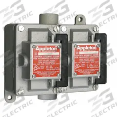 APPLETON ELECTRIC Tumbler Switch: 2 Gang, 3-Way, 20 A, 277 V AC, Feed-Thru Hub, 1/2 in Hub Size (MPN EDSC250-R3W). Key specifications — Brand: APPLETON ELECTRIC.