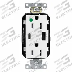 USB Receptacle: Duplex, 5-15R, White, 125V AC, 15 A (MPN M56AC-HGW). Key specifications — Brand: LEVITON.
