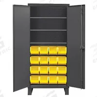 DURHAM MFG Bin Cabinet: 36 in x 24 in 78 in, 3 Shelves, 16 Bins, Yellow, Solid, 14 ga Panel, Gray (MPN 3702-16-3S-95). Key specifications — Bin Color: Yellow; Bin HxWxD: (16) 8 in x 15 in x 7 in; Assembled: Assembled; Cabinet Style: Shelf and Bin; Brand: DURHAM MFG; Cabinet Color: Gray; Cabinet Finish: Powder Coated; Cabinet Material: Steel.