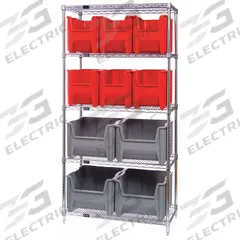 QUANTUM STORAGE SYSTEMS Bin Shelving: 36 in x 18 in x 74 in, 1 Sided, 10 Bins, Open, Blue, 5 Shelves (MPN WR5-600800BL). Key specifications — Includes Bins: Yes; Bin Material: Polyethylene; Frame Color: Silver; Bin HxWxD: (6) 12-1/4 in x 10-7/8 in x 17-1/2 in; Frame Material: Steel; Bin Color: Blue; Bin Style: Hang and Stack; Brand: QUANTUM STORAGE SYSTEMS.