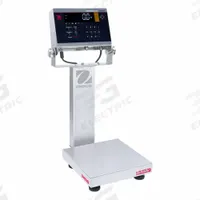 OHAUS Industrial Bench Scale: 10 in x 10 in, IP68/IP69K, Column-Mounted, Stainless Steel (MPN D61XWE12WQS6). Key specifications — Connection Ports: USB; Readability: 0.002 lb/1 g; Brand: OHAUS; Weighing Surface Material: Stainless Steel.