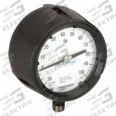 ASHCROFT Process Compound Gauge: 0 psi to 100 psi, White, 4 1/2 in Dial, 1/2 in NPT Male, Bottom (MPN 451279SS04LXLLVAC/100). Key specifications — Brand: ASHCROFT; Pointer Color: Black; Accuracy: ±0.5%; Dial Color: White; Gauge Wetted Parts: Stainless Steel; Case Material: Phenolic; Vibration Resistance Properties: Dry Case Vibration-Dampened; Pressure Range: 0 psi to 100 psi.