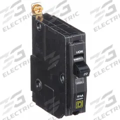 SQUARE D Miniature Circuit Breaker: 20 A, 120/240V AC, Single Phase, 10kA at 120/240V AC, 1 Poles (MPN QOB120HM). Key specifications — Phase: Single; Amps: 20 A; AC Voltage Rating: 120/240V AC; Max. AIR Rating: 10kA at 120/240V AC; For Use With: Square D NQOD Panelboards; Brand: SQUARE D.