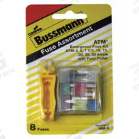 BUSSMANN Fuse Kit: Includes Series ATM, Automotive Fuses, 10 A – 30 A Range, Includes Fuse Puller (MPN BP/ATM-AH8-RPP). Key specifications — Fuse Series Included: ATM; Tool Included: FP-A3 Fuse Puller; Brand: BUSSMANN; Tools Included: Fuse Puller.