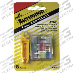 BUSSMANN Fuse Kit: Includes Series ATM, Automotive Fuses, 10 A – 30 A Range, Includes Fuse Puller (MPN BP/ATM-AH8-RPP). Key specifications — Fuse Series Included: ATM; Tool Included: FP-A3 Fuse Puller; Brand: BUSSMANN; Tools Included: Fuse Puller.