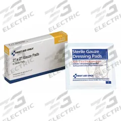 FIRST AID ONLY Gauze Pad: 2 in Dressing Lg, 2 in Dressing Wd, Gauze, Sterile, 6 PK (MPN 3-002). Key specifications — Water Resistance: Not Water Resistant; Self-Adhesion: Not Self-Adhering; Unitized: Unitized; Standards: ANSI/ISEA Z308.1-2015; Manufacturer Part Number: 3-002; Package Type: Box; Product Type: Gauze Pad; Sterility: Sterile.