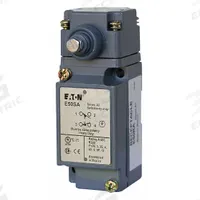 EATON Plunger Limit Switch: Plunger Actuator, Momentary/Momentary, Metallic, 8 ozf Op Force - Min (MPN E50AS2). Key specifications — Manufacturer Part Number: E50AS2; Brand: EATON; Electrical Connection: Screw Terminals; Action: Momentary/Momentary; Series: E50; Body Material Type: Metallic; Actuator Type: Plunger.