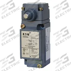 EATON Plunger Limit Switch: Plunger Actuator, Momentary/Momentary, Metallic, 8 ozf Op Force - Min (MPN E50AS2). Key specifications — Manufacturer Part Number: E50AS2; Brand: EATON; Electrical Connection: Screw Terminals; Action: Momentary/Momentary; Series: E50; Body Material Type: Metallic; Actuator Type: Plunger.