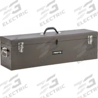 PROTO Tool Box: 32 in W 8 1/2 in D 9 1/2 in H, Steel, Brown, Hinged Lid, Padlock, 2 Compartments (MPN J9979-NA). Key specifications — attr1116905: Brown; attr1116917: Hinged; attr1116946: PROTO; attr1116904: Padlock.
