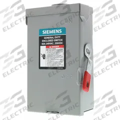 SIEMENS Safety Switch: Non-Fusible, 60 A, Single Phase, 240V AC, Galvanized Steel, Indoor/Outdoor (MPN GNF222RA). Key specifications — attr867131: SIEMENS.