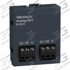 SCHNEIDER ELECTRIC Analog Output Module: (2) Analog Out (MPN TMC2AQ2V). Key specifications — Manufacturer Part Number: TMC2AQ2V; Power Required: 0 to 10 V; Product Type: Analog Output Module; Series: M221C; Number and Type of Outputs: (2) Analog.