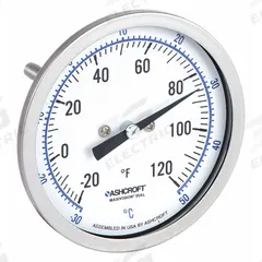 ASHCROFT Dial Thermometer: -20°F to 120°F /-30°C to 50°C, ±1% Accuracy, 2.5 in Stem Lg (MPN 30EI60R). Key specifications — Accuracy: ±1 %; Brand: ASHCROFT.