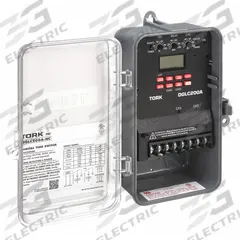 TORK Electronic Timer: 7 day, Astronomic, 120-277V AC, SPDT, Digital (MPN DGLC200A-NC). Key specifications — Body Material: Plastic; Indoor/Outdoor Usage: Outdoor; Astronomic Functionality: Astronomic; Mounting Style: Surface; Brand: TORK.