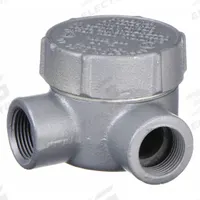 Conduit Outlet Body: Iron, GRJ, 1/2 in Trade Size, L Body, 7.3 cu in Body Capacity (MPN GRJL50). Key specifications — Series: For Round Body; Compatible Conduit Trade Size: 1/2 in; Thread Gender: Female; Hub Style: Threaded; Cover Included: Yes; Body Style: L; Connection Type: Threaded; Back Type: Round.