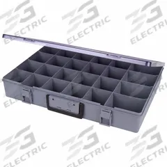 FLAMBEAU Compartment Box: 18 1/2 in x 13 in x 3 in, Gray, Not Electrostatic Discharge Conductive (MPN 1024-2). Key specifications — ESD Conductive: Not Electrostatic Discharge Conductive; Color: Gray; Compartment WxD: (4) 4 in x 3 in; Brand: FLAMBEAU; Material: Plastic.