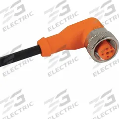 Cordset: M12 Female Right Angle X Bare Wire, 5 Pins, Black, PUR, 5 m Cable Lg, 4 A Max Current (A) (MPN EVC005). Key specifications — Cable Jacket Color: Black; End 1 Gender: Female; End 1 Mounting Orientation: Right Angle; End 2 Connection Type: Bare Wire; IP Rating: IP67; Brand: IFM; Wire Size: 22 AWG; Cable Jacket Material: PUR.