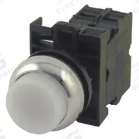 EATON Illuminated Push Button: Illuminated, Extended Profile, Metallic, 22 mm, 2NO (MPN M22M-DLH-W-K20-230W). Key specifications — Brand: EATON; Action: Momentary; Series: M22; Push Button Material Type: Metallic.