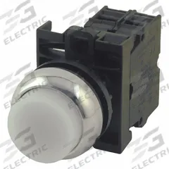 EATON Illuminated Push Button: Illuminated, Extended Profile, Metallic, 22 mm, 2NO (MPN M22M-DLH-W-K20-230W). Key specifications — Brand: EATON; Action: Momentary; Series: M22; Push Button Material Type: Metallic.