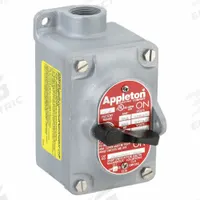 APPLETON ELECTRIC Tumbler Switch: 1 Gang, 1-Pole, 20 A, 277 V AC, Feed-Thru Hub, 3/4 in Hub Size (MPN EDSC175-F1). Key specifications — Brand: APPLETON ELECTRIC.
