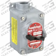 APPLETON ELECTRIC Tumbler Switch: 1 Gang, 1-Pole, 20 A, 277 V AC, Feed-Thru Hub, 3/4 in Hub Size (MPN EDSC175-F1). Key specifications — Brand: APPLETON ELECTRIC.