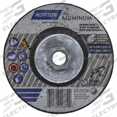 NORTON Depressed Center Wheel: Type 27, 4 1/2" x 1/4" x 5/8", Aluminum Oxide - General Purpose Grinding Wheels for Soft Metals